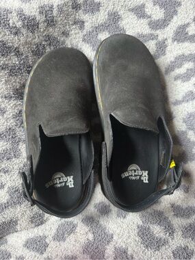Dr. Martens Black Suede Slip-On Clogs with Yellow Stitching